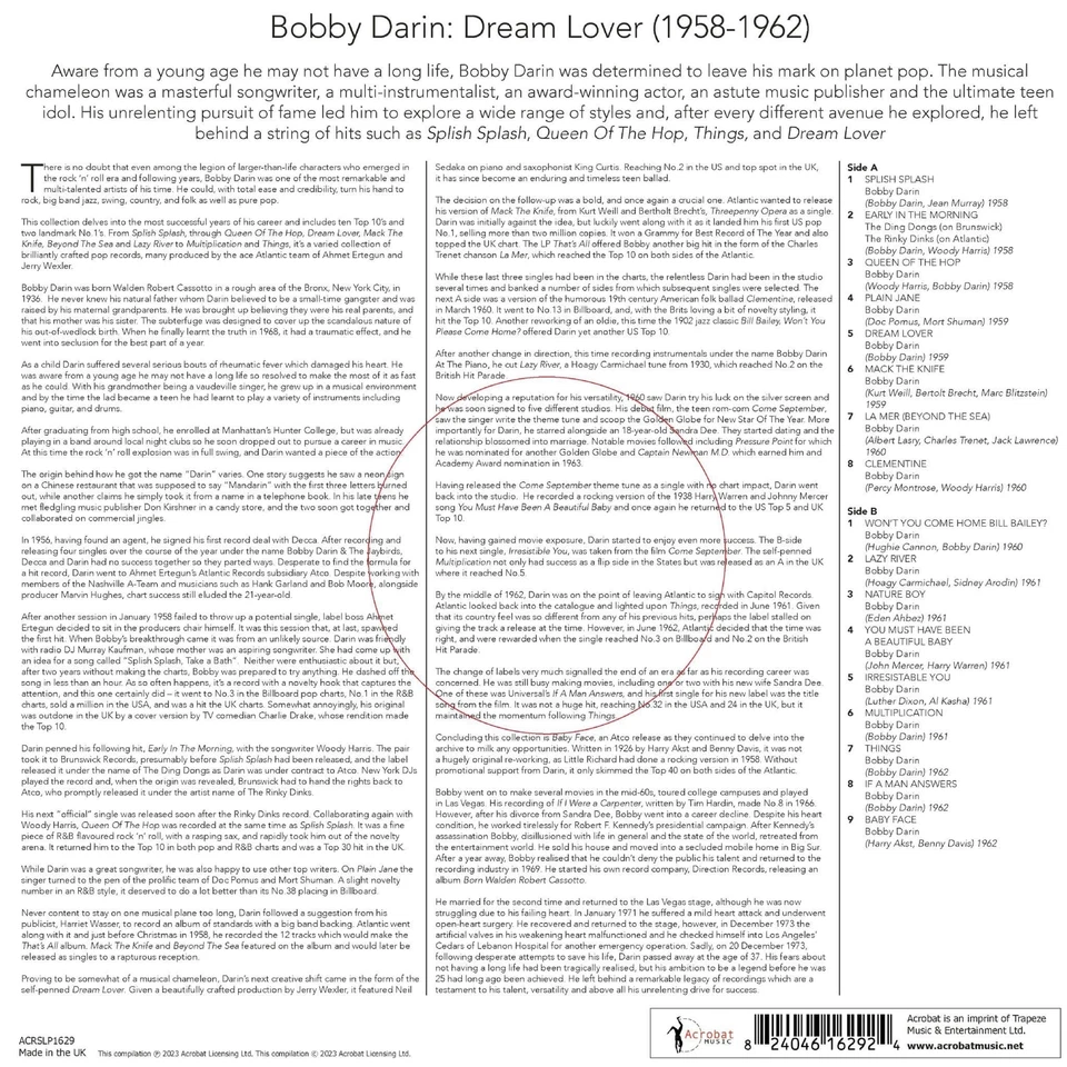 Bobby Darin: Dream Lover - Best of 1958-62 LP 12" Vinyl Record 140g - Image 2 of 4
