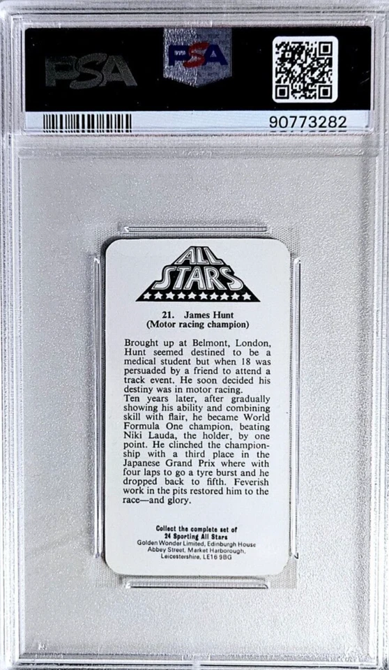 1979 Golden Wonder All-Stars #21 James Hunt F1 Racing Card PSA 10 Gem Mint - Image 4 of 4