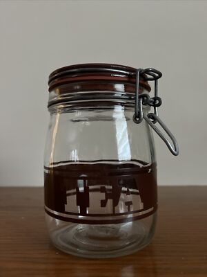Vintage Glass Canister Jar Wire Bale Lid TEA 3/4 L  Brown Striped Pantry 70s