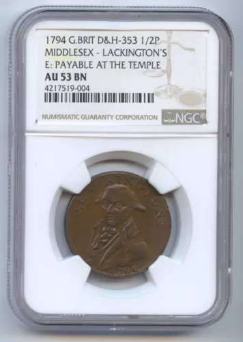 Great Britain 1794 1/2P Conder Token (#1267) DH-353. Middlesex-Lackingtons. NGC 