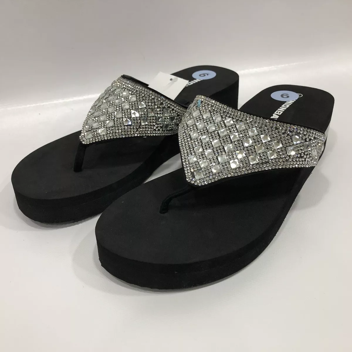 UnionBay Women s Wedge Flip Flops Silver Rhinestones Embellished
