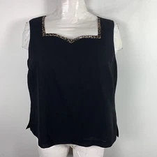 Tally Taylor Womens Top sz 18 Black Sleeveless Leopard Trim Neck Lined VINTAGE