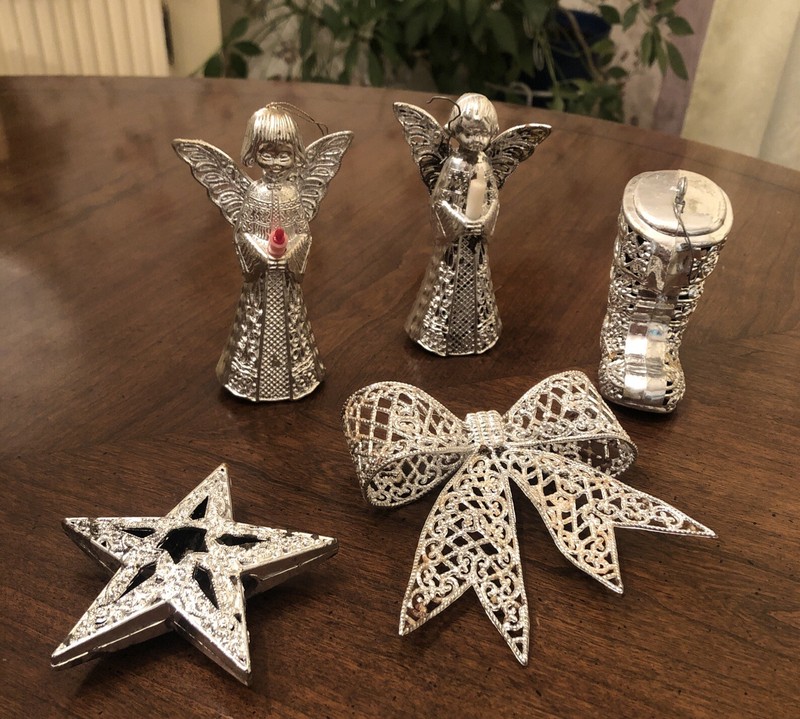 Vintage Christmas Ornaments Silver tone Filigree Plastic 5 Angels Boot Bow Star