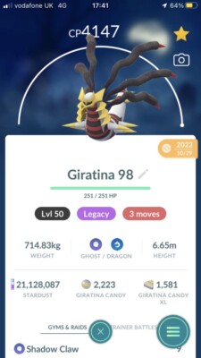 Pokémon Trade Go Level 50 - Giratina Origin 3 Moves mit Legacy Shadow Force