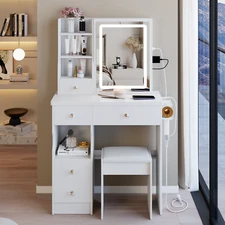 Vanity Desk Makeup Table Set Dressing Desk w/ LED Lights & USB Port & 5 Drawers