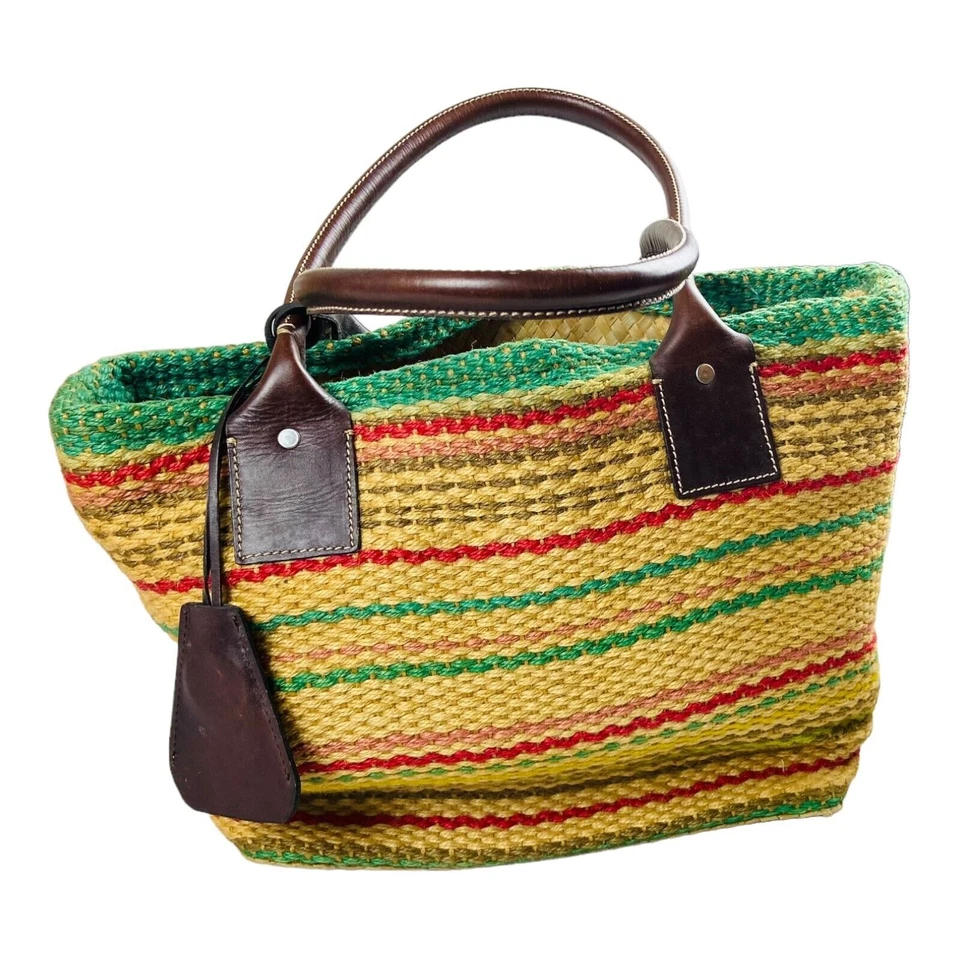 Bolso de Mano de Playa GAP Tejido Cuero Paja Rayas Yute Rayas Boho Doble Asa Foto 4 de 4