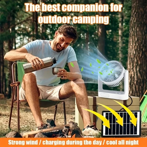 2025 New Rechargeable Fan With solar panel, 3 Speeds, LED light and 2 Free bulbs - Picture 5 of 12