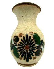 Mexican Pottery Vase Sand Textured Hand Painted Floral Folk Art like Tonala