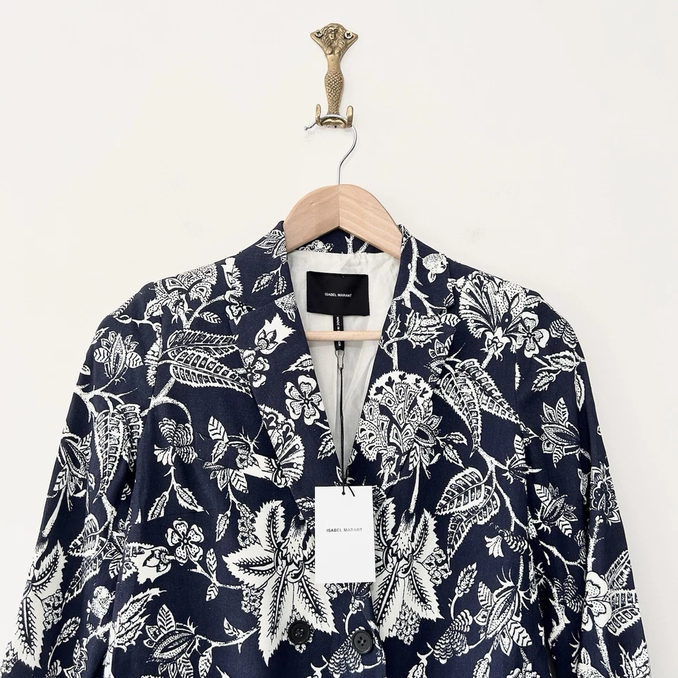 Blazer Isabel Marant floral de linho UE 36 Reino Unido 8 azul marinho botânico forrado de seda - Imagem 2 de 4
