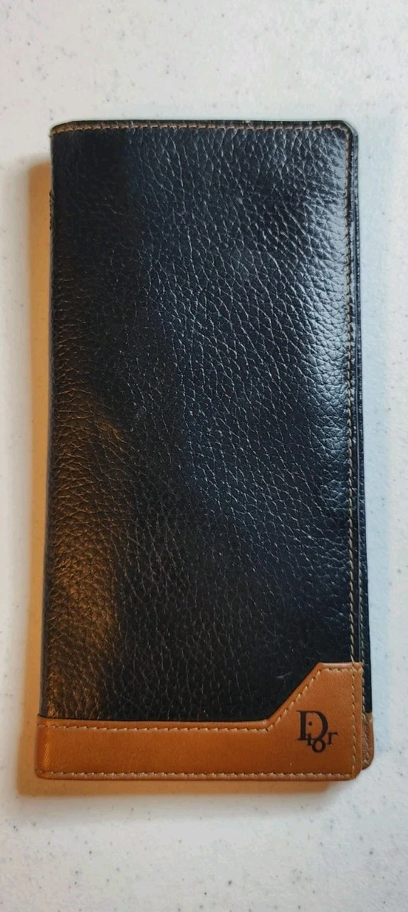 Portefeuille Christian Dior vintage logo cuir long double pli noir bordure marron