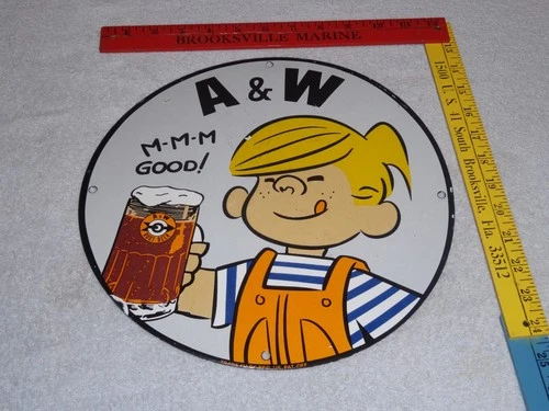 VINTAGE DENNIS THE MENACE+ A & W ROOT BEER 11 3/4" PORCELAIN METAL SODA GAS SIGN