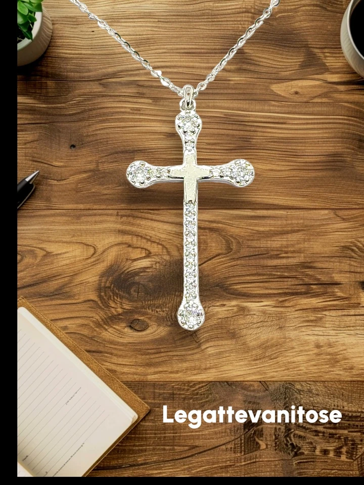 collana Donna con croce argento 925 rodiato . croce con zirconi Catenina 50 cm - Immagine 3 di 4