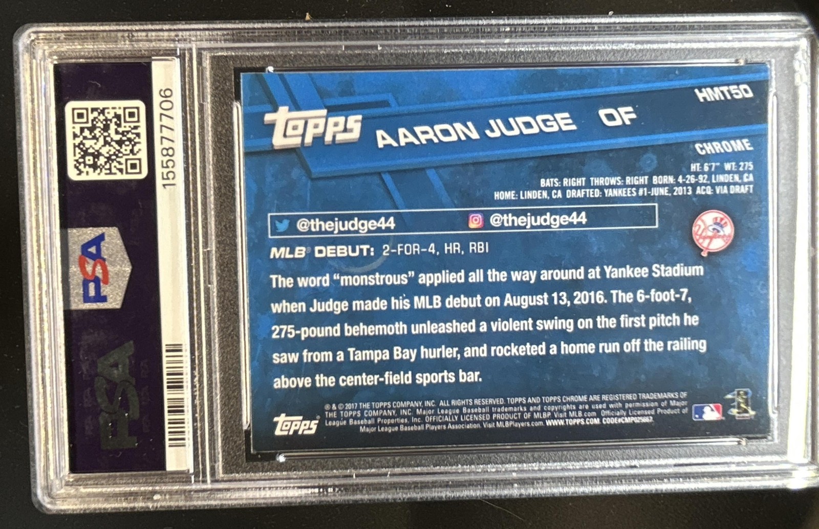 2017 Topps Chrome Update Aaron Judge Rookie #HMT50 Yankees PSA 10 GEM MINT (B) view 2