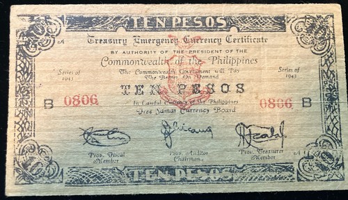 RARE 1943 Philippines FREE SAMAR 10 Pesos ~ WWII Emergency Note- EX Condition