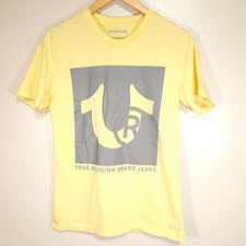 True Religion T-Shirt Men's S Yellow & Gray Short Sleeve Cotton Large Logo