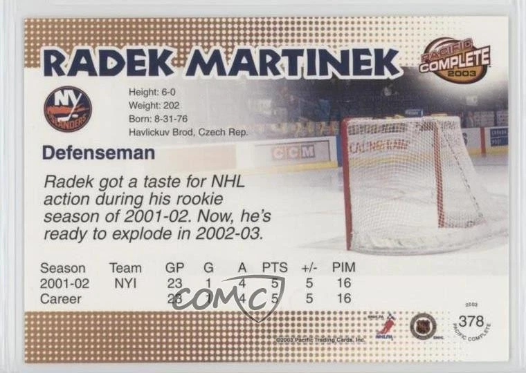 2002-03 Pacific Complete Radek Martinek #378 - Image 2 of 2