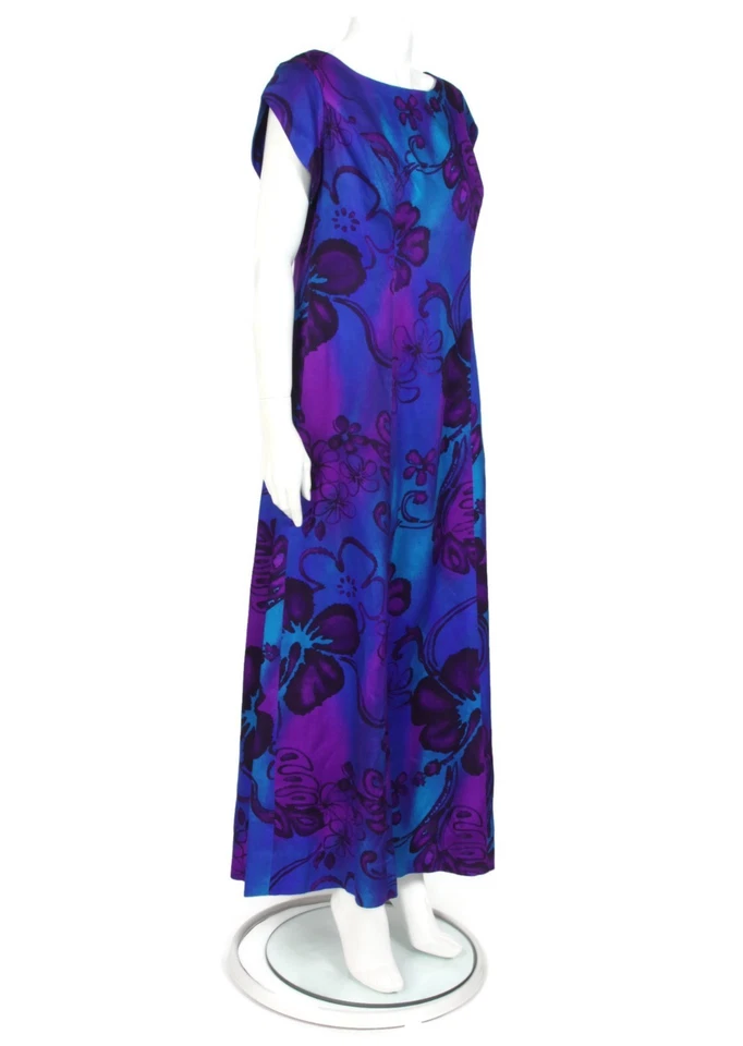 Vestido maxi vintage anos 60 WALTAH CLARKE'S havaiano Aloha roxo azul floral tamanho G/276 - Imagem 3 de 4