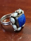 925 Sterling Silver Vintage Nikki Butler Real Pearl Lapis Lazuli Ring Size 8 Euc