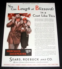 1929 OLD MAGAZINE PRINT AD, SEARS ROEBUCK, HERCULES SHEEPSKINS, LAUGH AT STORMS!
