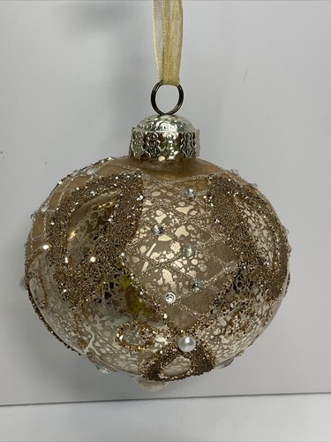 Frontgate Glass, Hand Embellished Gold, White Teardrop Ornament Large - Picture 4 of 7