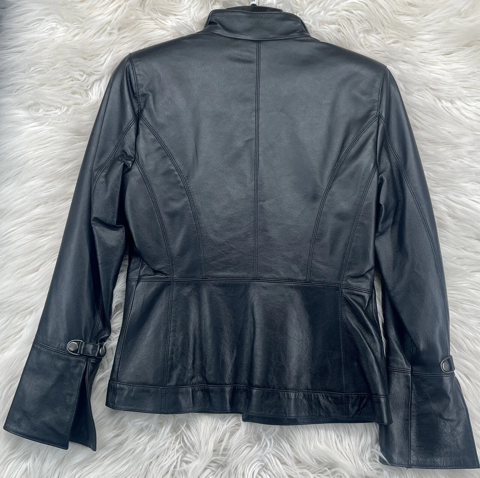 Chaqueta de cuero genuino negra Pamela McCoy con manga campana - para mujer talla XS Foto 3 de 4