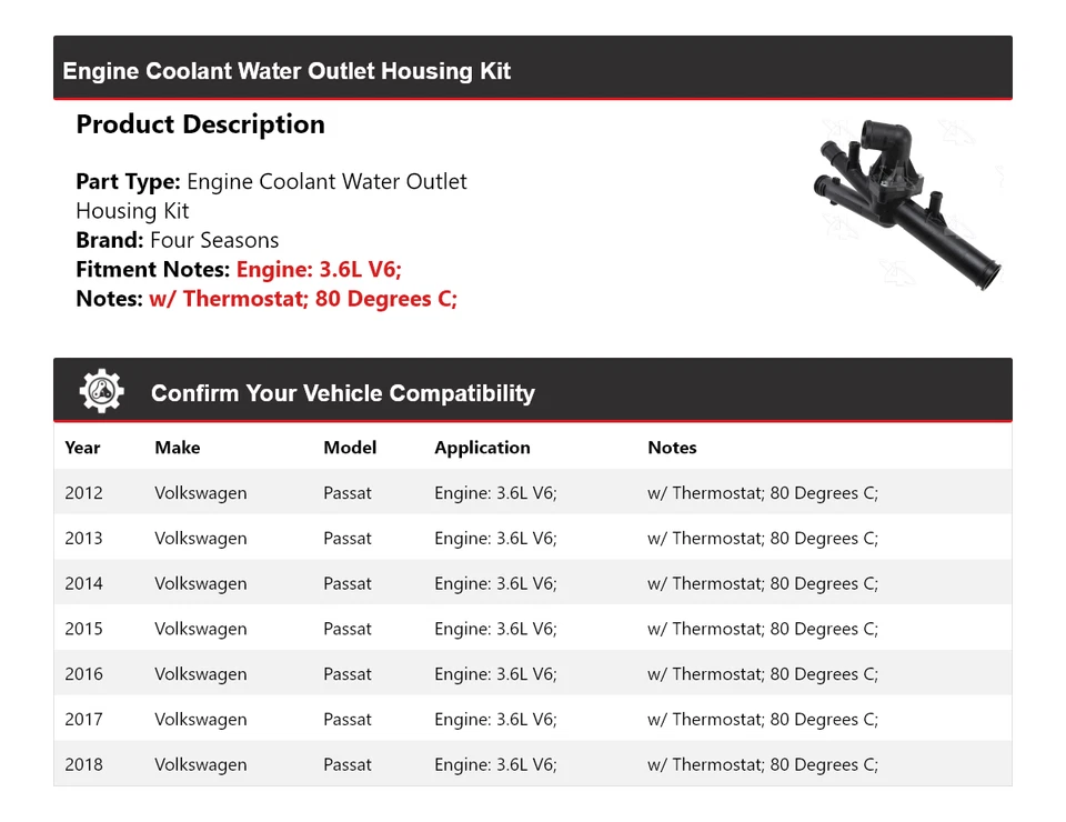 Kit de carcasa de salida de agua de refrigerante para motor Volkswagen Passat 2012-18 4 estaciones Foto 2 de 4