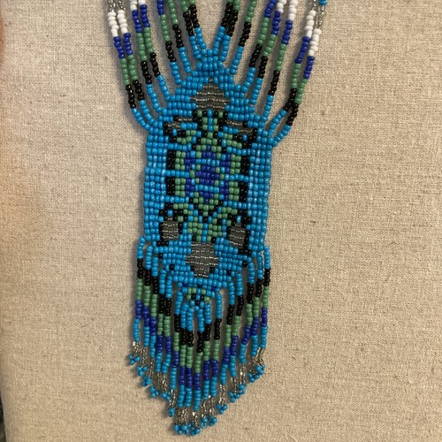 Native American Style Woven Seed Bead Fringe Tribal Necklace 32” Long Aqua Blue - Picture 2 of 7