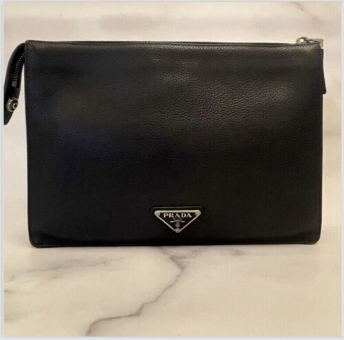 【RARE!!】PRADA Clutch Bag Navy Calf Leather Silver Auth