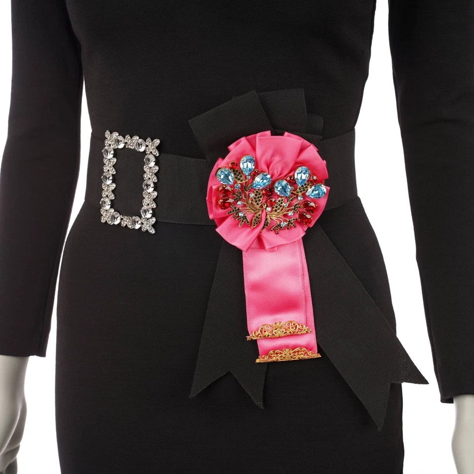 DOLCE & GABBANA SARTORIA Kristall Blume Brosche Kleid Gürtel Schwarz Pink 13554 - Bild 2 von 4