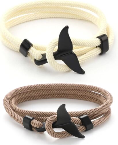 Nautical Braided Whale tail Rope Bracelets Set - 2 Pcs Adjustable Braided Cord B