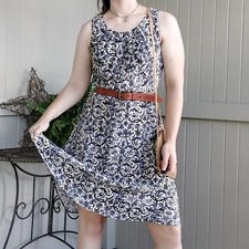 Womens A Line Tea Dress Fit 10 12 White Black Pleated Teacher Church Modest Work