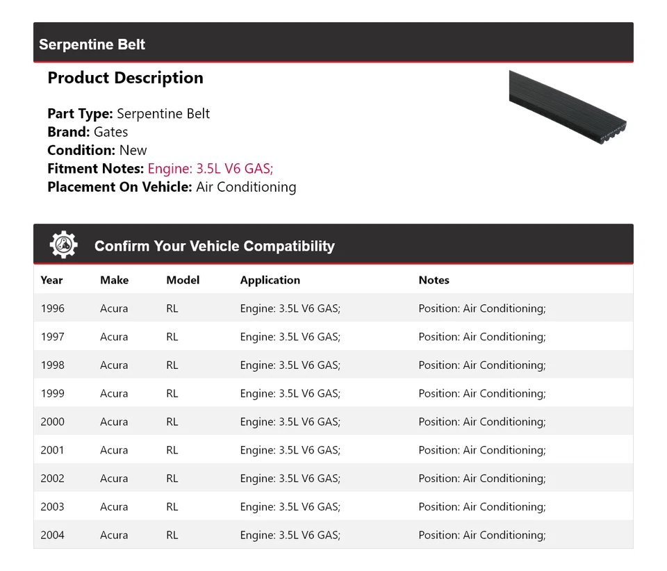 For 1996-2004 Acura RL 3.5L V6 GAS Serpentine Belt AC Gates 1997 - Image 2 of 4