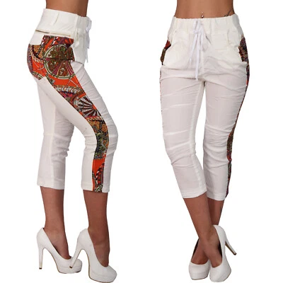 Hose 3/4 Capri Weiß Orange Zier Reißverschluss Band Shorts Taschen Ethno Kreis - Bild 1 von 4