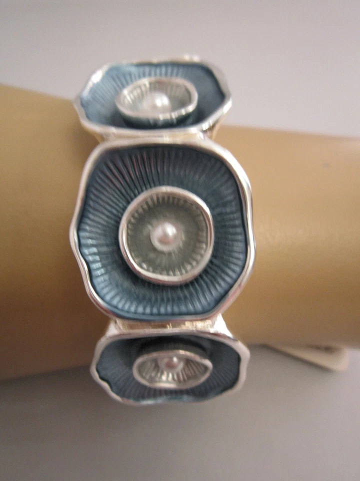 Damen Stretch Armband Armreif Dehnbar Silber Blau Weiss Seerosen Perle Alu Trend - Bild 2 von 3