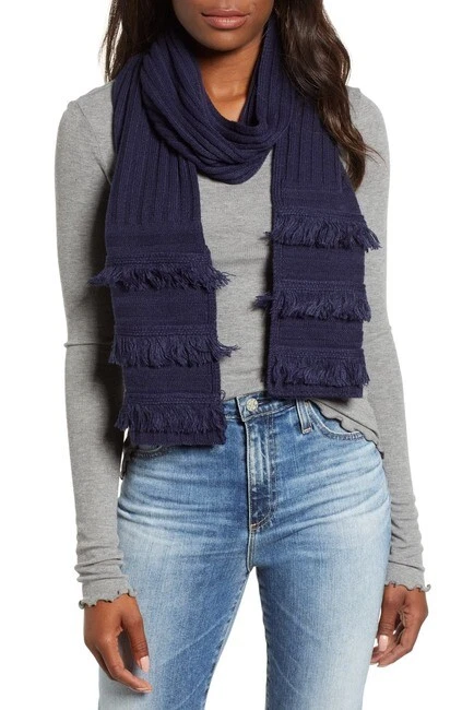 NWT New MICHAEL KORS Rib Fringe Muffler Scarf True Navy Blue Knit