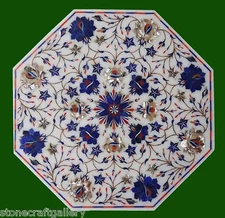 12" Marble Coffee Table Top Lapis Inlay Work Handmade Home Decor