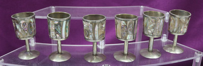 Vintage Mexico Brass Abalonr Shell Inlay Aperitif Mini Chalice Shot Glass