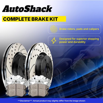 AM Autoparts Front & Rear Ceramic Brake Pad Kit With Drilled/Slotted Coated Rotors – 10-Year Warranty