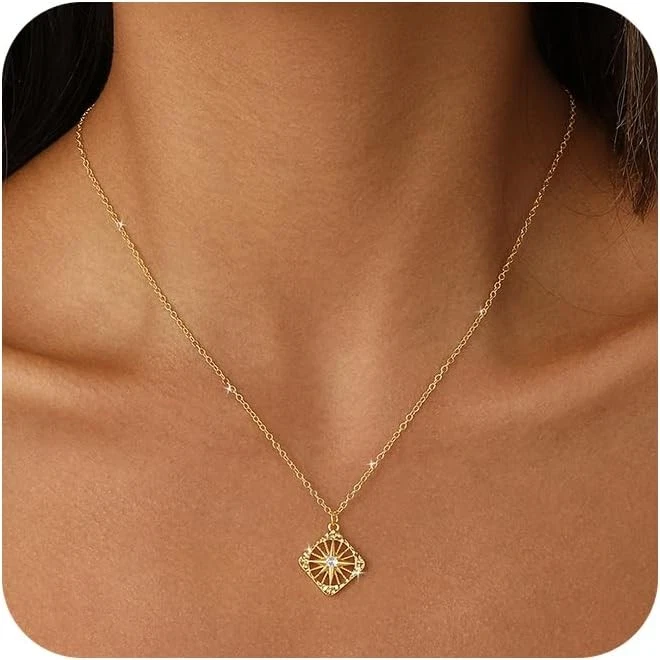 Gold Pendant Necklaces for Women 14K Plated Coin Dainty Cubic