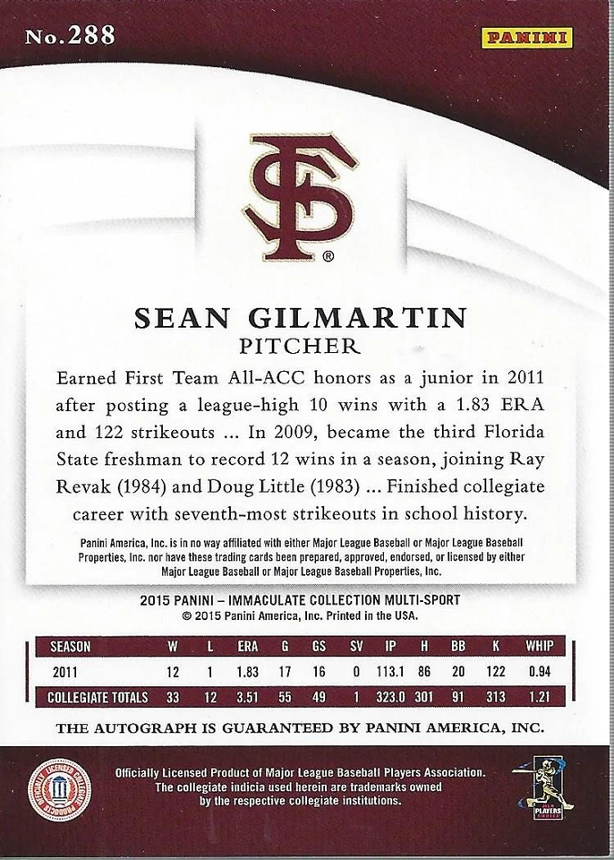 2015 Immaculate Collection Collegiate Multisport #288 Sean Gilmartin Auto /99 - Image 2 of 2