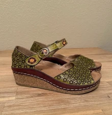 L’Artiste by Spring Step Delphia Green Floral Wedge Sandals Leather  39 / 8.5