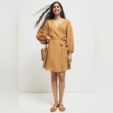 MADEWELL | Women’s Linen-Blend Balloon Sleeve Wrap Dress - Sz M