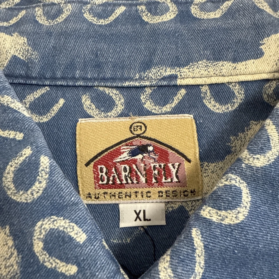 Camisa Mosca Granero De Colección Para Hombres XL Azul Caballo Occidental Estampado Completo Con Botones L/S Foto 4 de 4