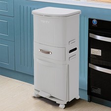 3-Tier Kitchen Recycling Bin 45L Pedal Trash Can With Drawer & Wheels Waste Bin