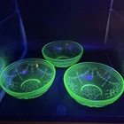 LOT OF THREE ANTIQUE FEDERAL URANIUM GLASS SHERBET BOWLS LOVEBIRD DESIGN