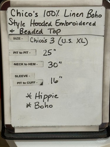Chicos Gr. 3 (US XL) 100% Leinen Kapuze bestickt Perlen Boho Popover Tunika - Bild 9 von 9