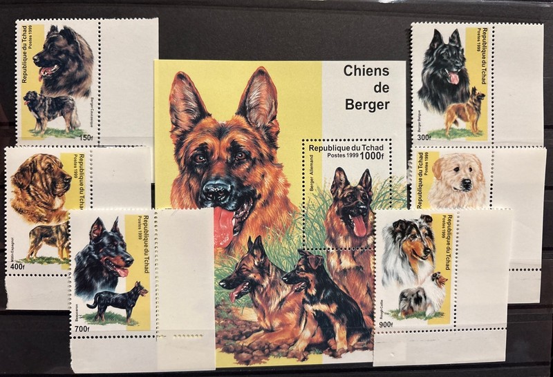 Chad,dogs,S.C.#845A-F, MNH, Complete set of 6+s/s of 1 as issued in 1999*