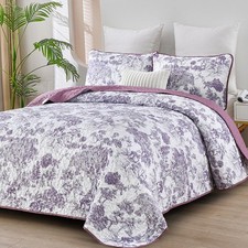 WONGS BEDDING Botanical Quilt Set King Size Purple 3 Pieces Toile Floral Microfi