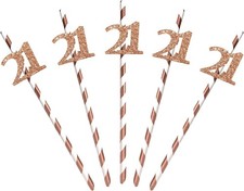 Rose Gold Happy 21st Birthday Paper Straws, Number 21 Cut Outs Straw Decor,