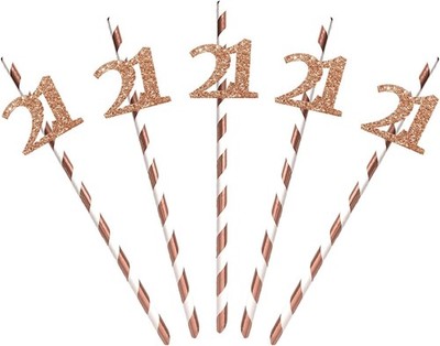 Rose Gold Happy 21st Birthday Paper Straws, Number 21 Cut Outs Straw Decor,